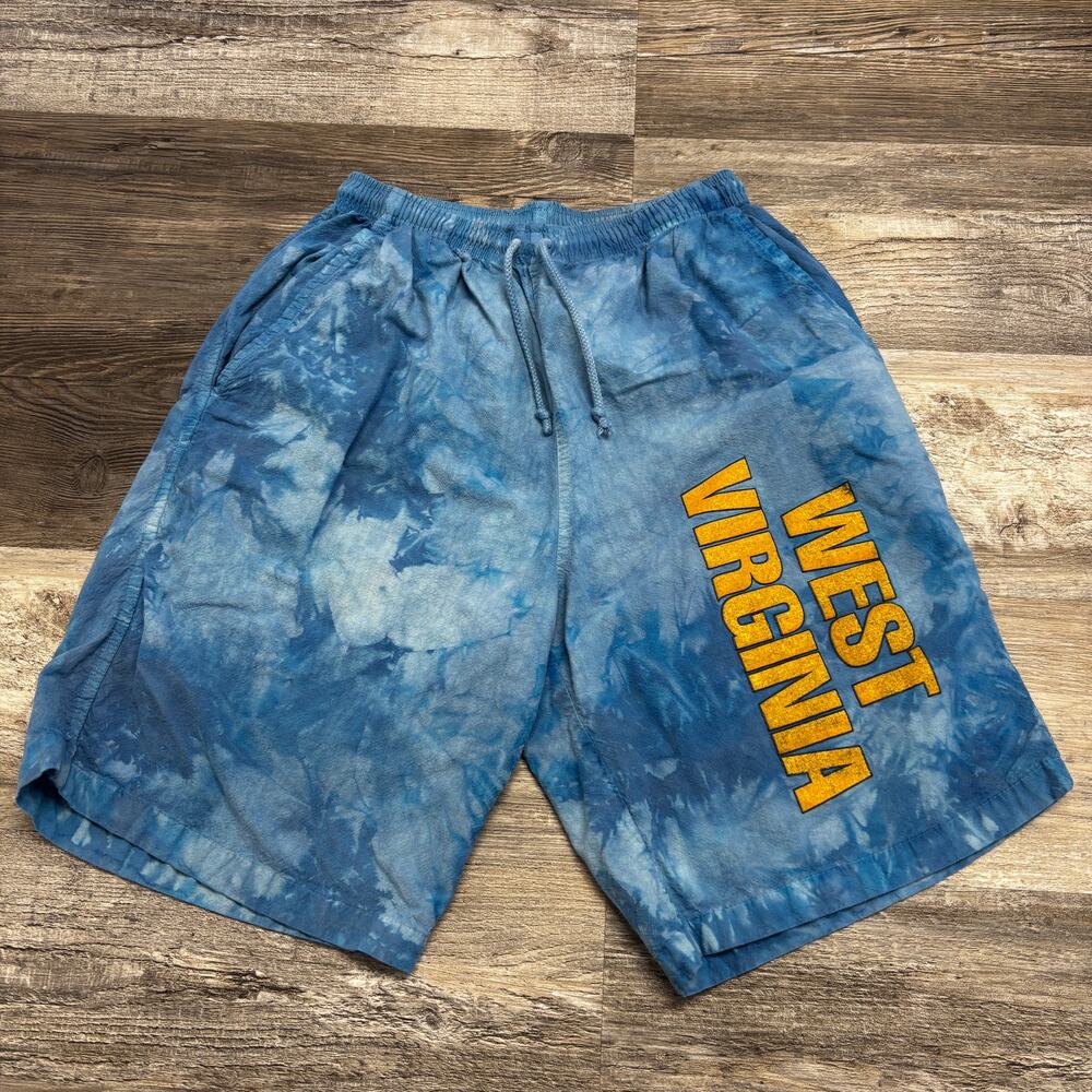 Vintage WVU West Virginia University Blue‎ Mens S Tie Dye Spellout Sporty Shorts